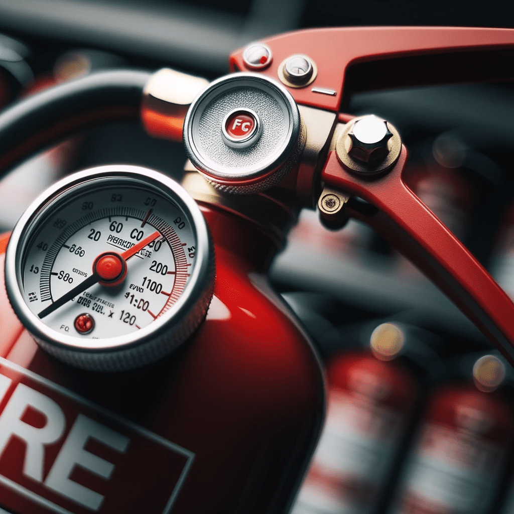 Close-up photo of a fire extinguisher's nozzle and gauge, with the 'FC Fire' logo in sharp focus on the side