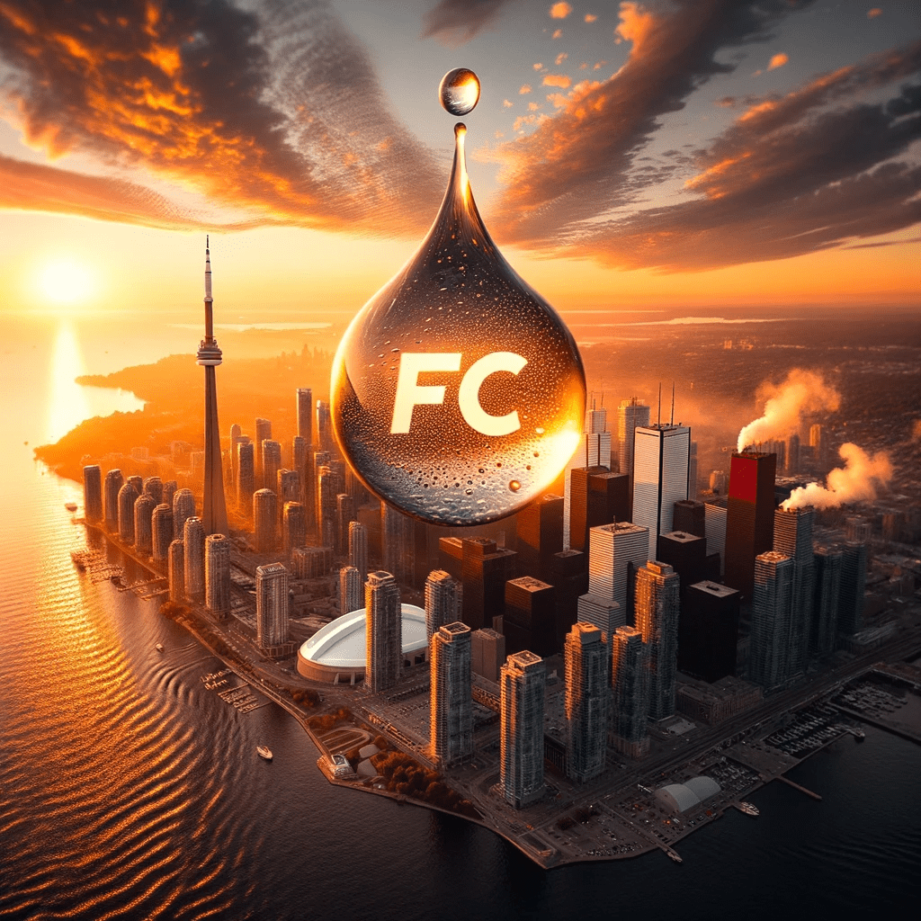 Toronto's expansive skyline with water droplets forming the "FC" logo in the sky.
