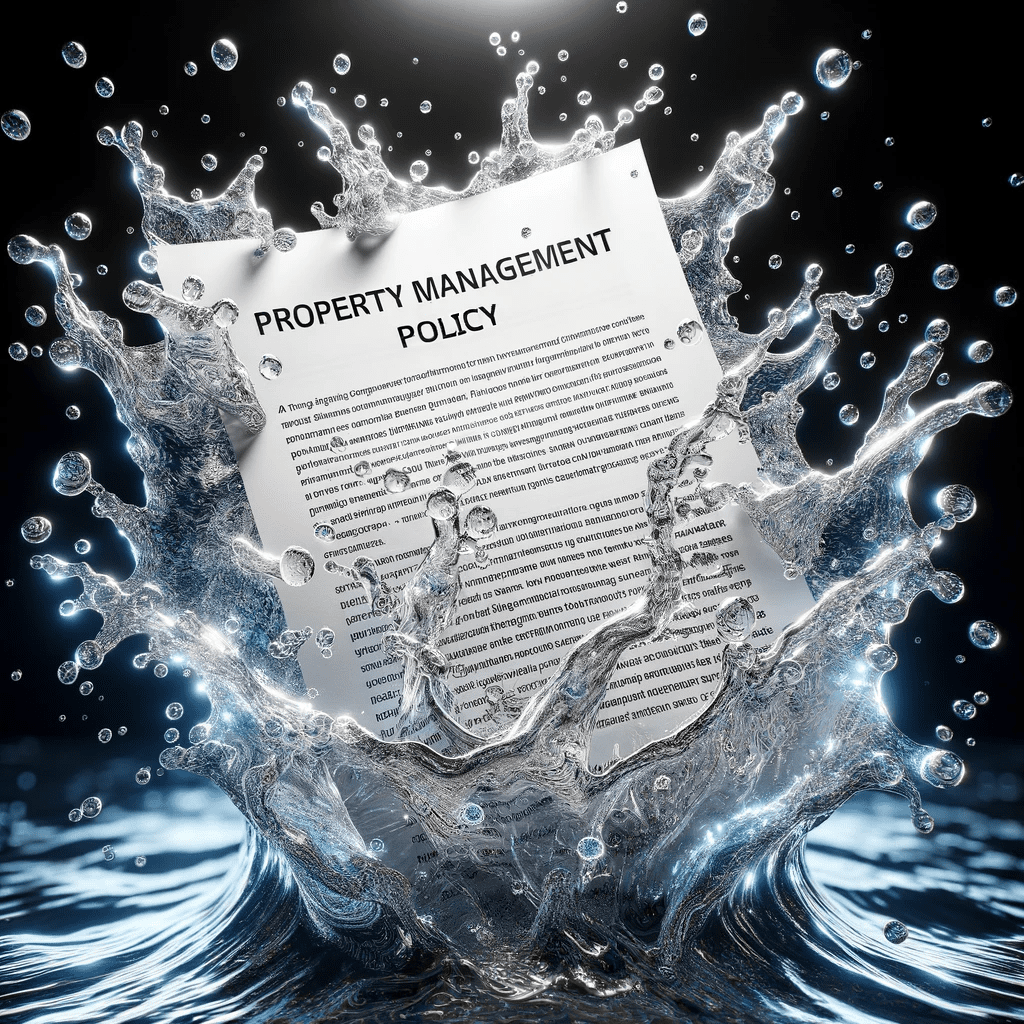 High-resolution photo capturing clear water droplets splashing upwards, and within the splash, the intricate details of a property management policy document are visible. The entire scene is brilliantly illuminated by a flash, emphasizing the intricate details.