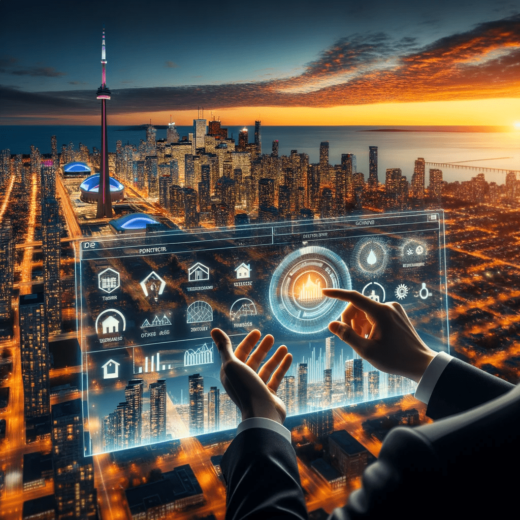 High-resolution photo combining two distinct scenes: the top half showcases a sunset-lit skyline of Toronto, highlighting landmarks like the CN Tower bathed in golden hues. The bottom half captures a property manager, deeply engrossed in navigating an advanced AI software on a hologram