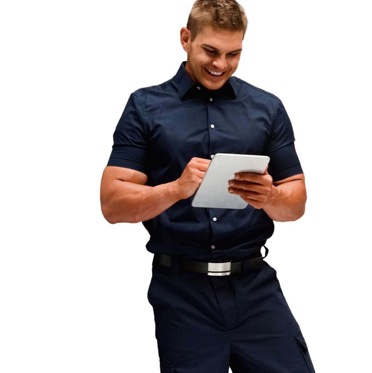 A friendly FC Fire Prevention team member smiling while completing an inspection report onsite.