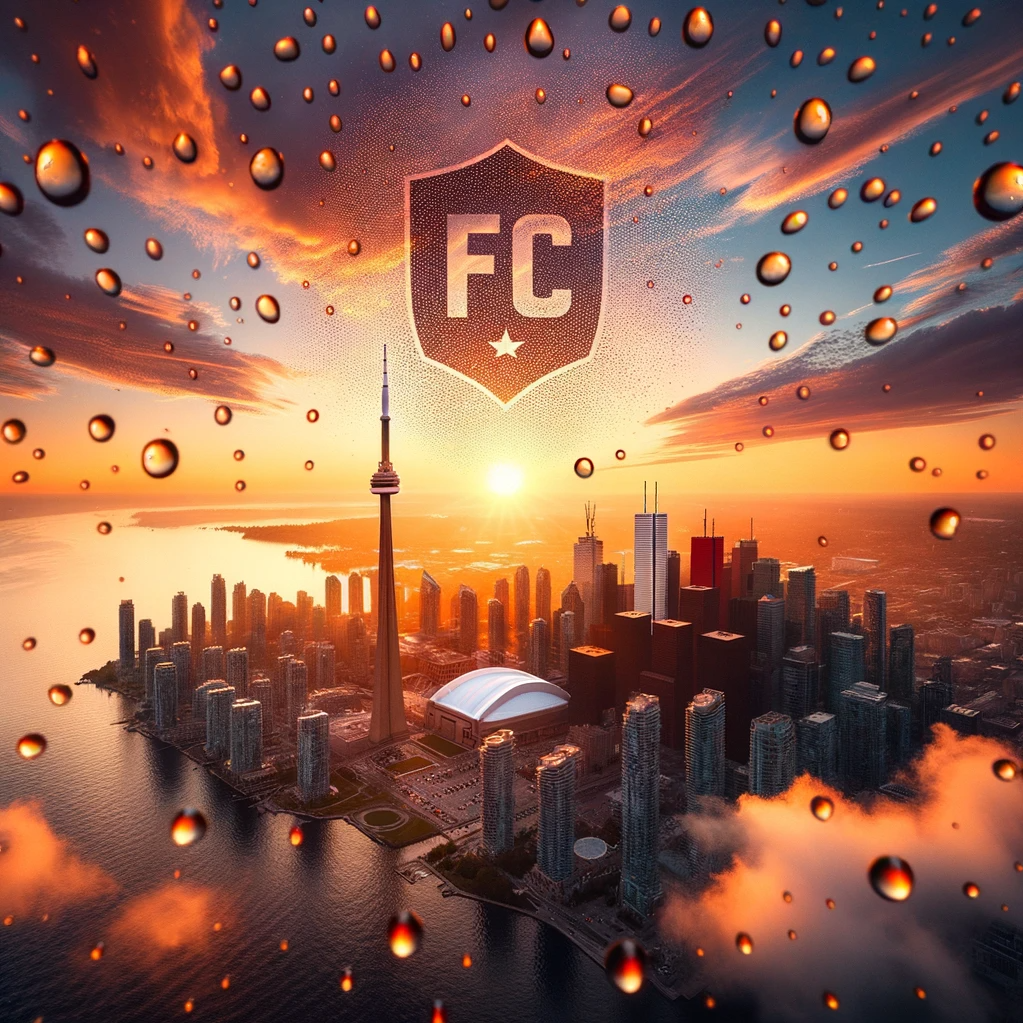 A high-definition 4K image capturing Toronto's iconic skyline during a gorgeous sunset. The CN Tower and neighboring skyscrapers gleam in warm tones.