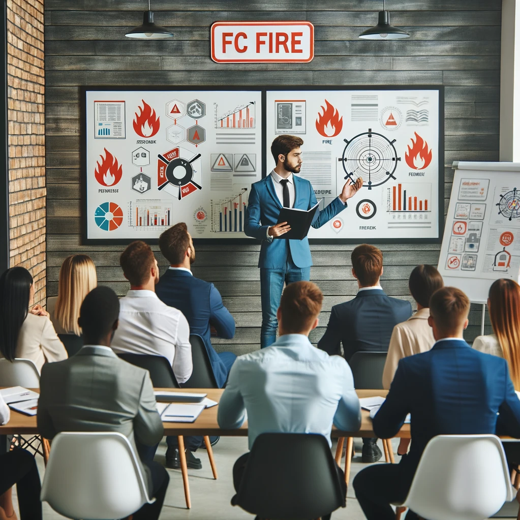 A diverse group of professionals attentively listening to an instructor demonstrating new fire safety equipment in a modern training room.