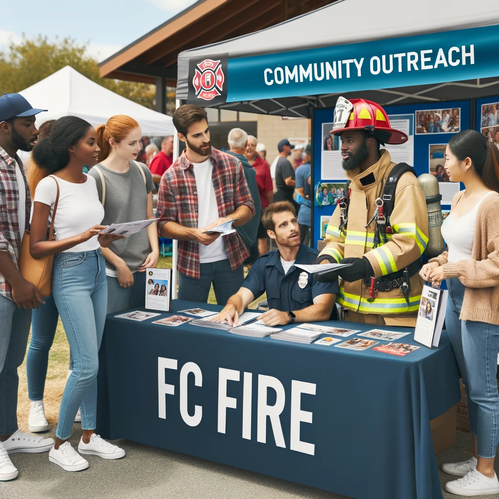 A diverse team of fire safety professionals from various genders and backgrounds setting up an informational booth at a community fair.