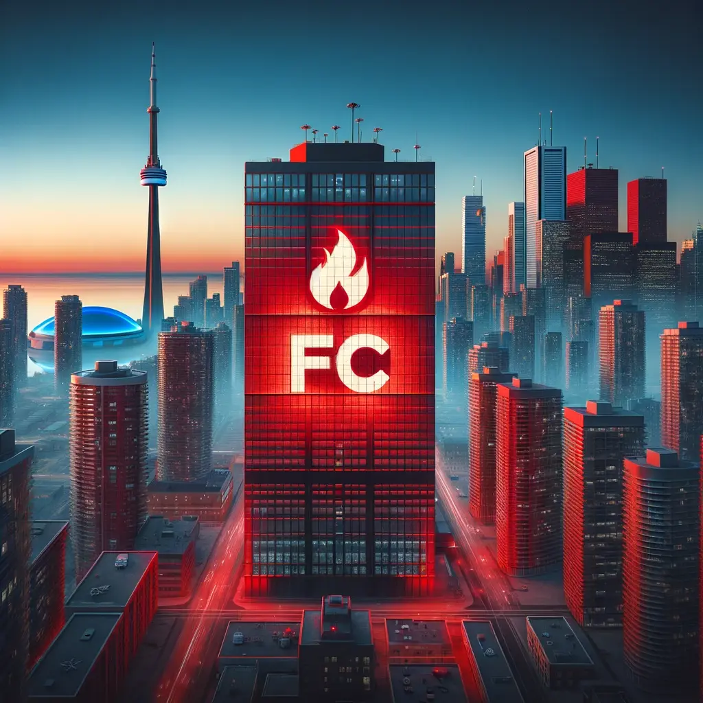 A hyper-realistic image of Toronto's skyline featuring advanced fire safety technologies and the prominent 'FC Fire Prevention' logo in red.