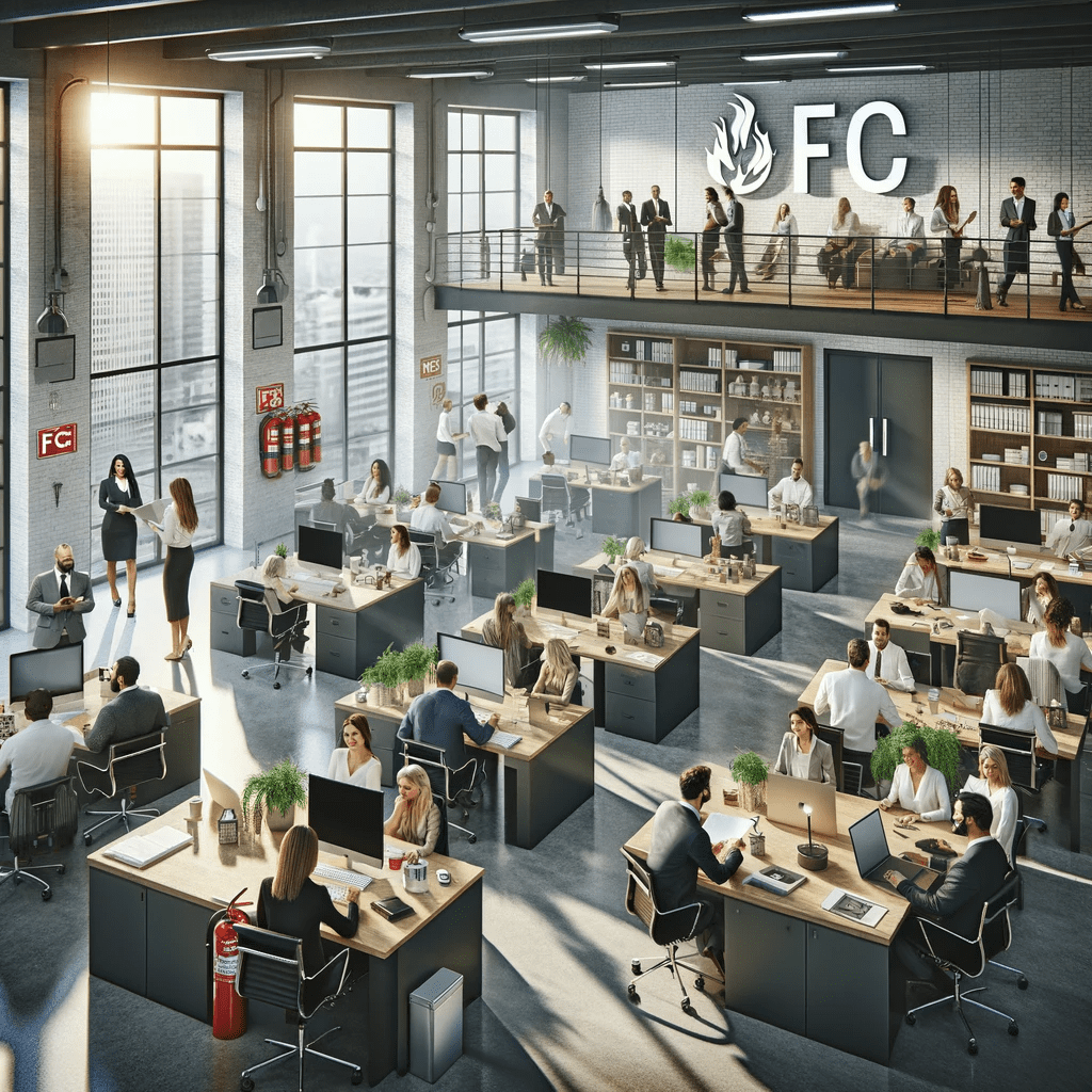 Ultra-realistic depiction of a corporate office with advanced fire safety measures implemented by FC Fire Prevention.