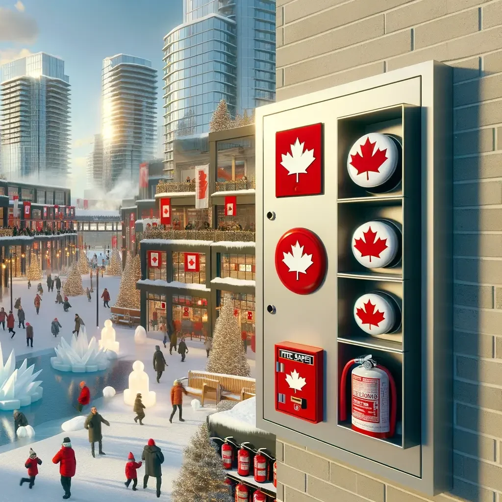 A vibrant urban scene in a Canadian city during winter, showcasing bustling community life and fire safety features.