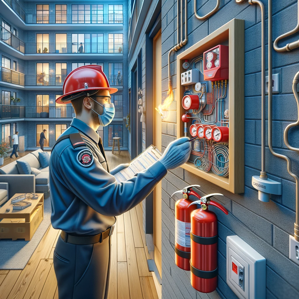 Fire safety professional meticulously performing an inspection within a Toronto building, equipped with safety gear and checklist.