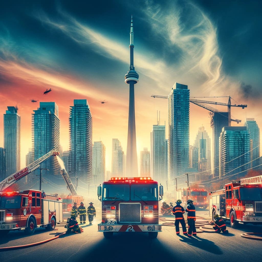 Rapid response by Toronto's emergency services, with fire trucks and personnel ready for fire prevention.