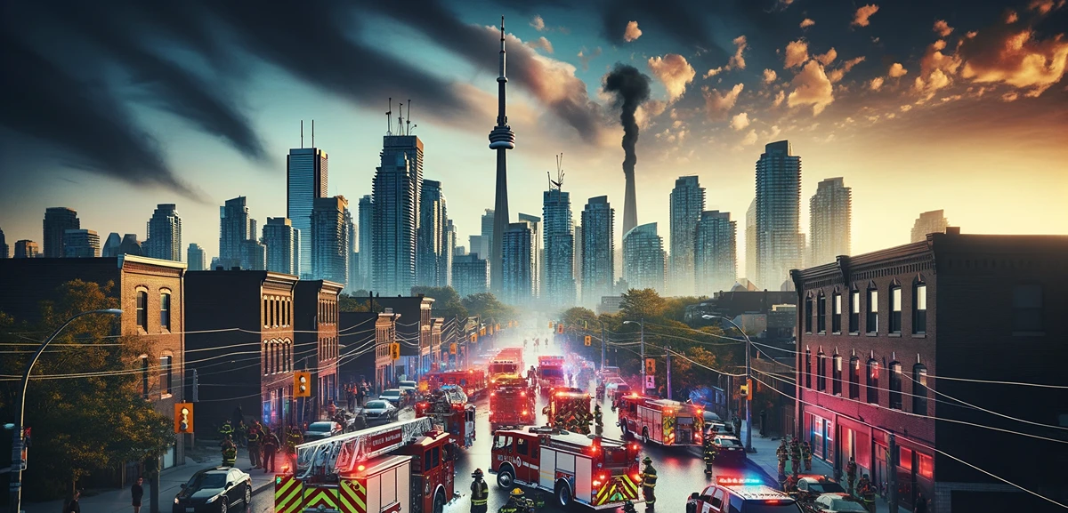 Emergency services responding to fire in Toronto's skyline, highlighting the city's proactive fire prevention efforts.