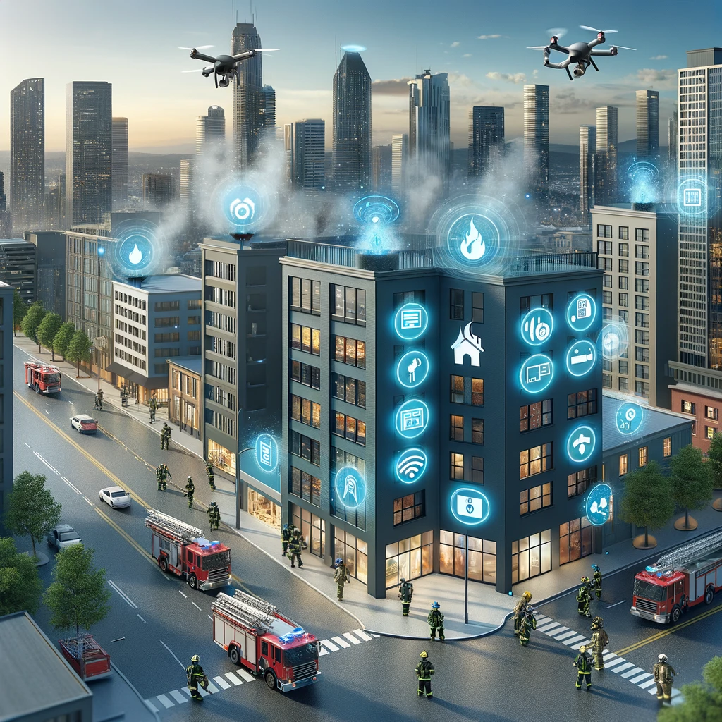 Modern urban fire safety systems integrated into a cityscape, with advanced fire detection equipment on display.