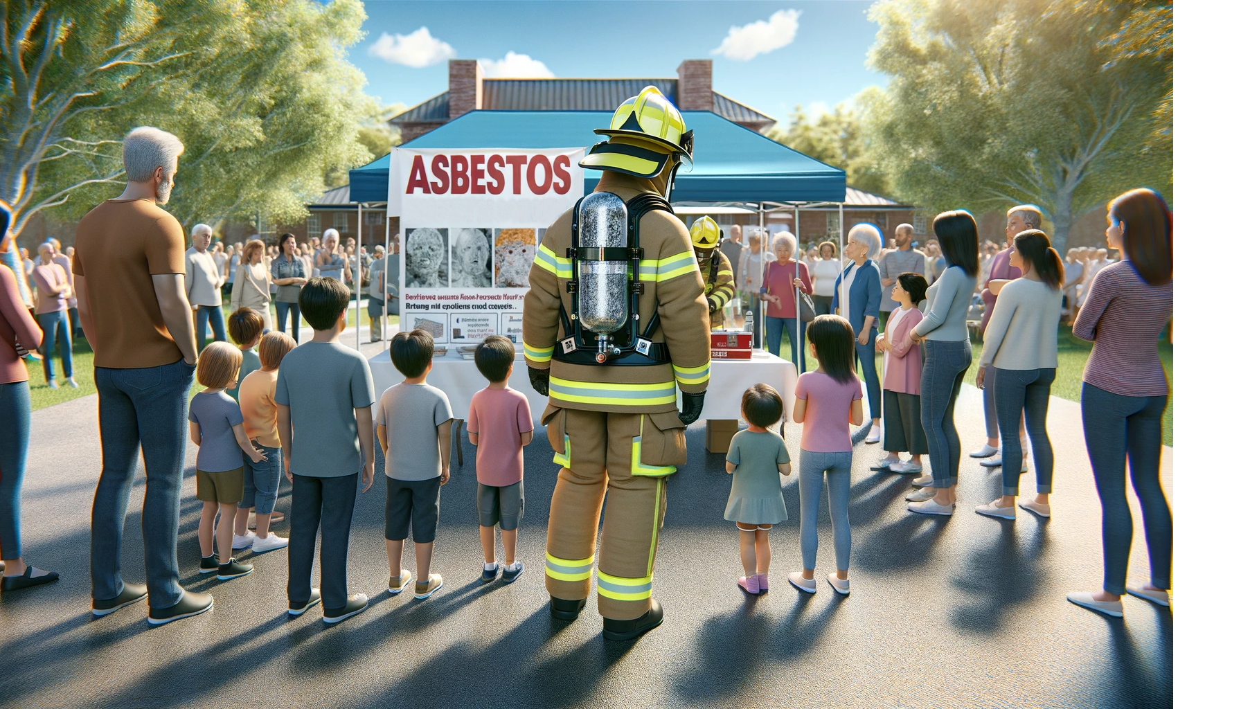 Firefighter educating community on asbestos safety.