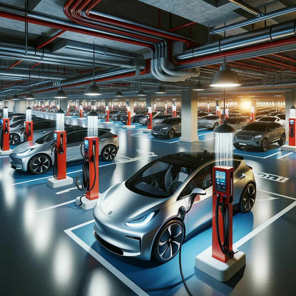 The image illustrates an underground parking lot where electric vehicles are being charged, highlighting both the EVs and the integrated fire safety measures, specifically the fire sprinklers, without relying on text or explicit indicators. 