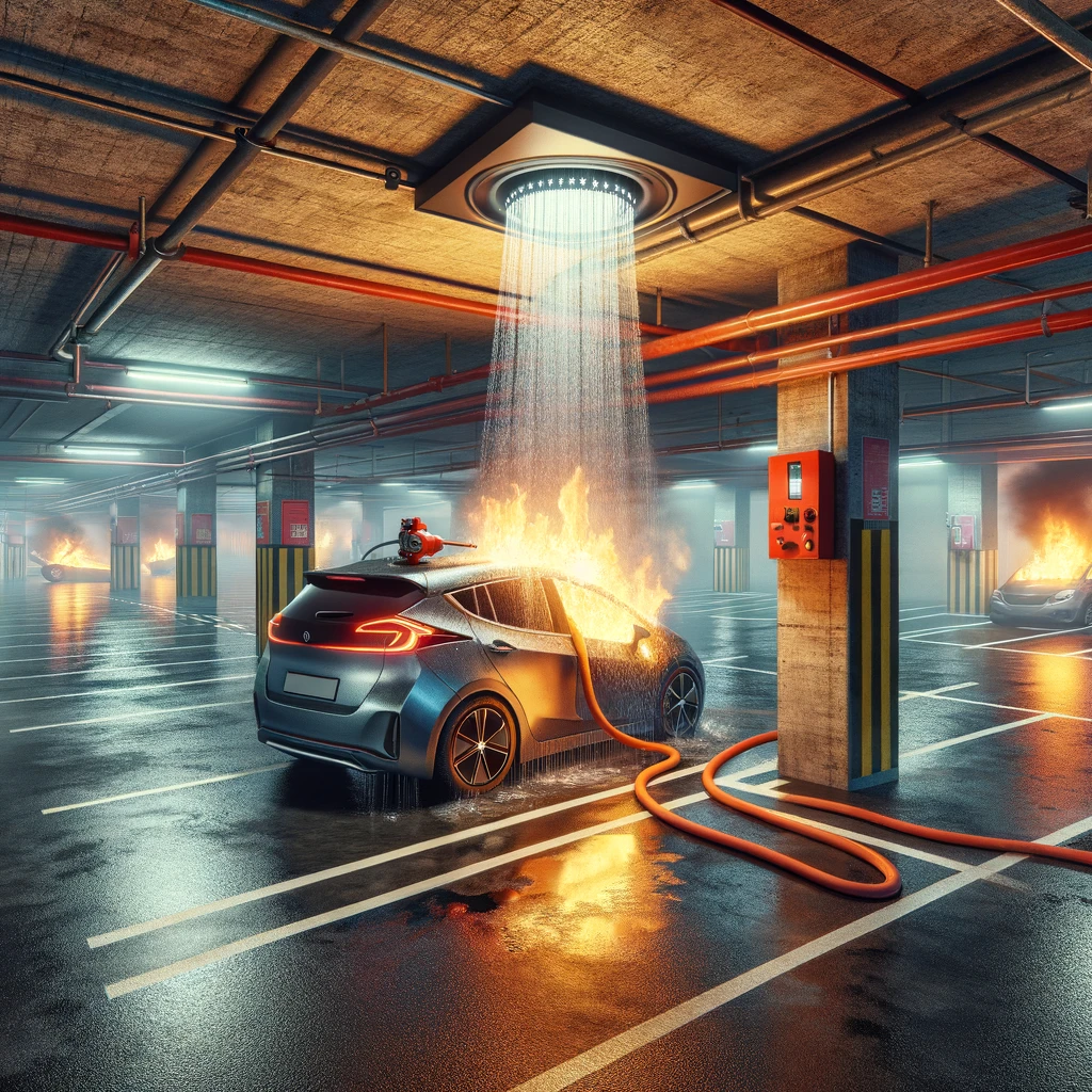 An underground parking lot with electric vehicles (EVs), highlighting the inefficacy of traditional fire sprinklers against EV battery fires and underscoring the need for advanced fire safety technologies.