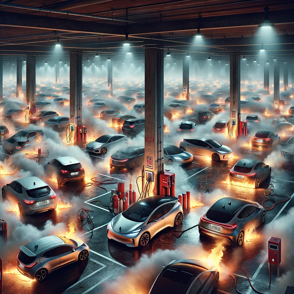 An underground parking lot filled with electric vehicles (EVs), highlighting the inefficacy of traditional fire sprinklers against EV battery fires and underscoring the need for advanced fire safety technologies.