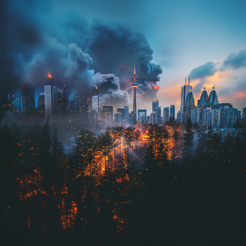 A cinematic view of Toronto's skyline including the CN Tower blending into Ontario's natural landscape at dawn, showcasing fire protection systems and the FC Fire Prevention logo for a secure fire safety theme.