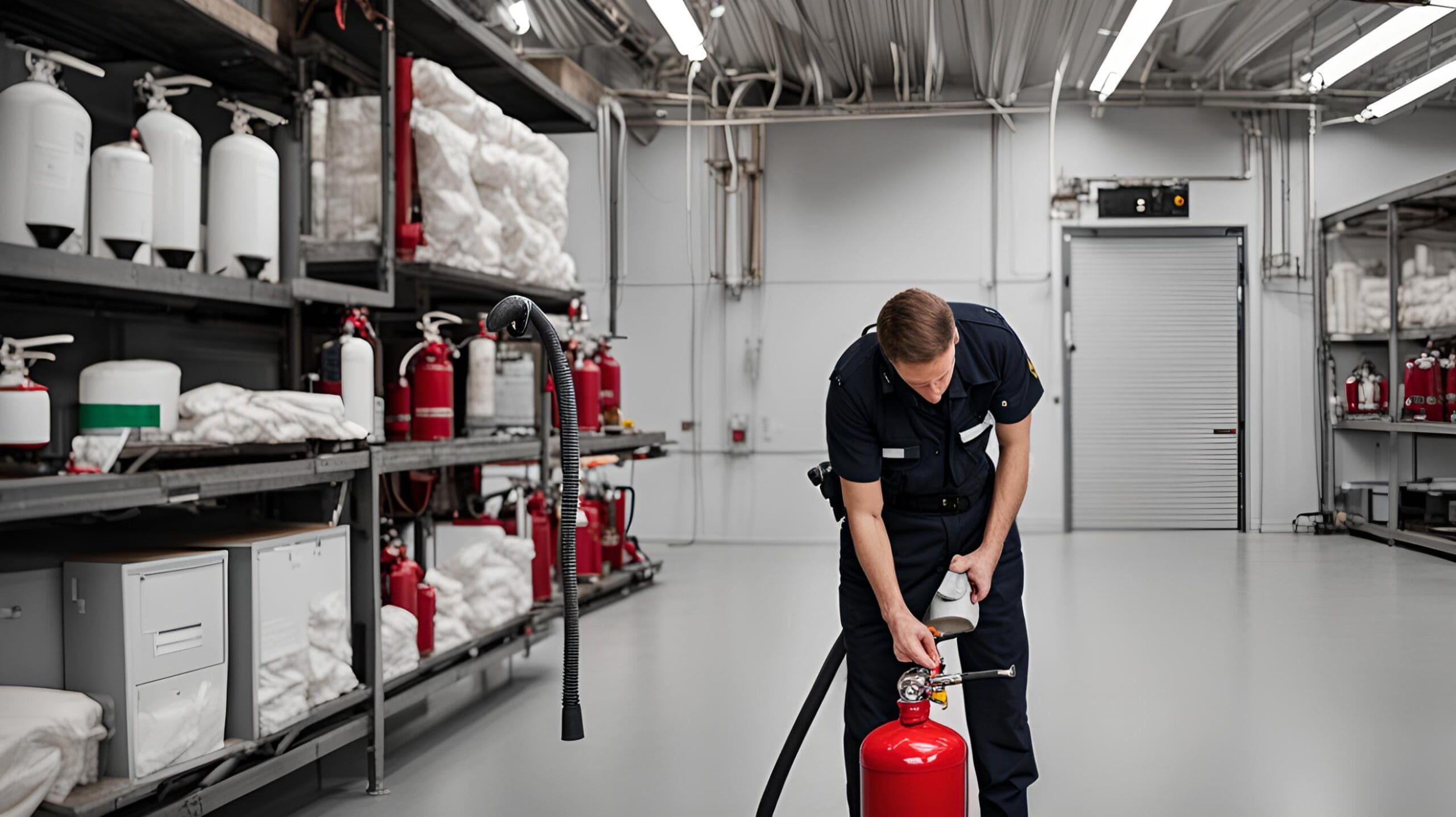 A professional image of a technician inspecting a fire extinguisher, wearing safety gear including gloves and goggles, with a clipboard and pen in hand. The background shows a clean and organized workspace with various safety equipment visible.