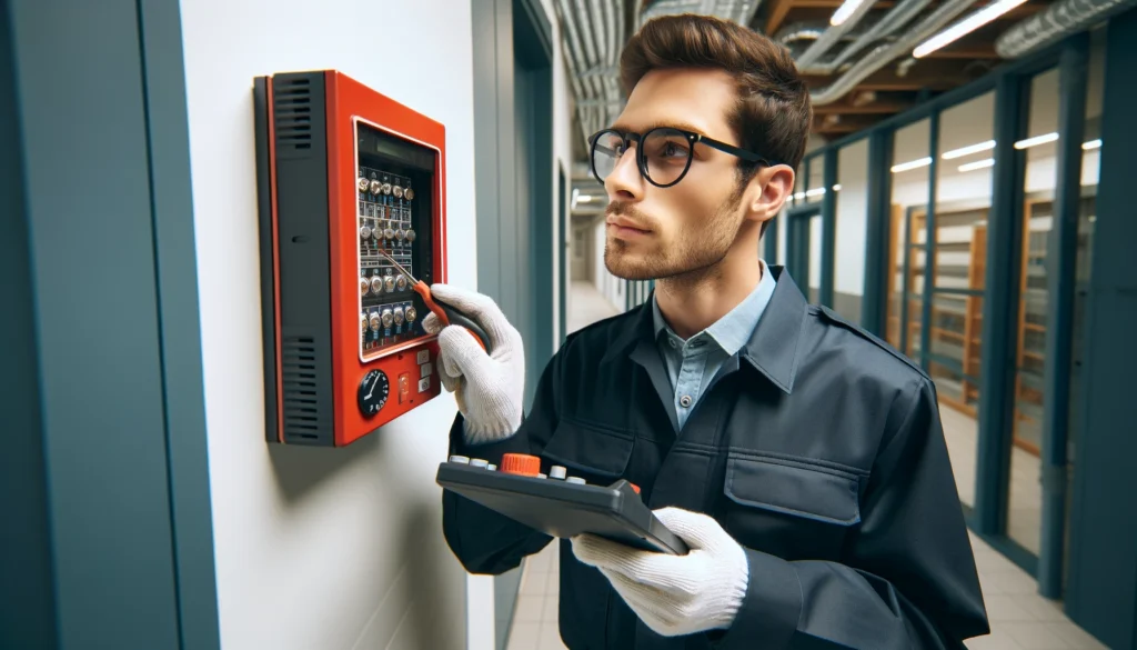 Fire safety technician in uniform conducting maintenance on a fire alarm system, with the fire alarm panel visible in the background.