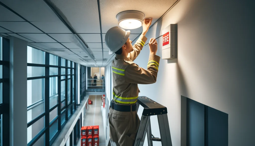 Fire safety professional in uniform conducting maintenance on emergency lighting in a commercial building, using a ladder to reach the light.