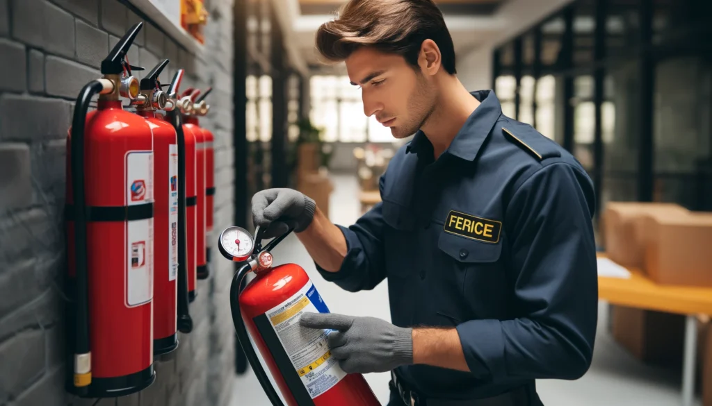 Fire safety professional in uniform performing a routine inspection of fire extinguishers, carefully checking the pressure gauge.