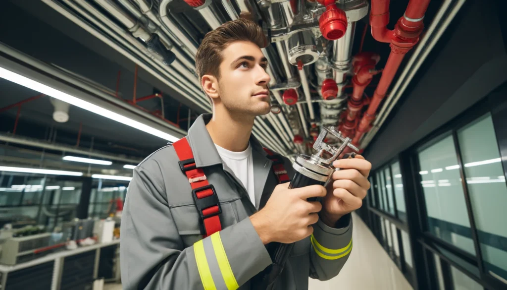 Fire safety technician in uniform inspecting a fire sprinkler system in a commercial building, using specialized tools.