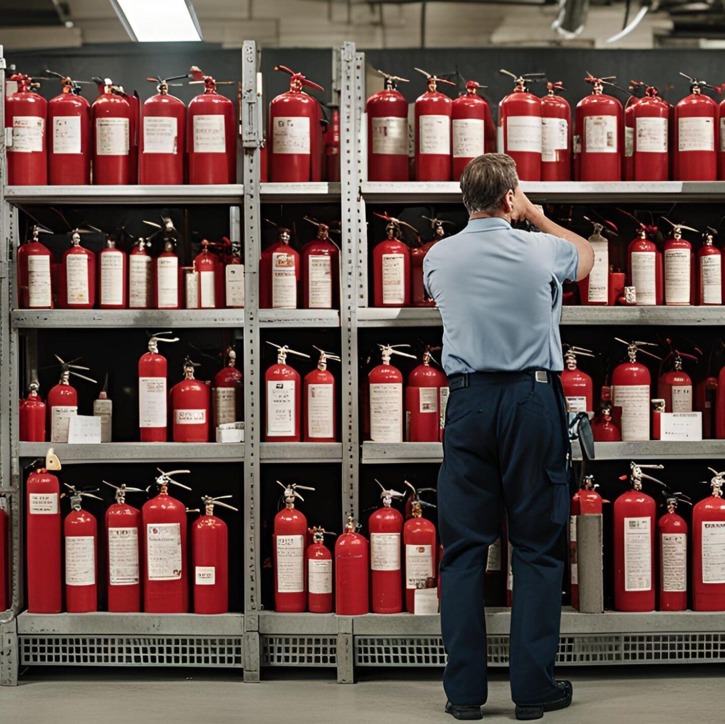 image of an fc fire technician inspecting a fire extinguisher, wearing safety gear including gloves and goggles, with a clipboard and pen in hand.