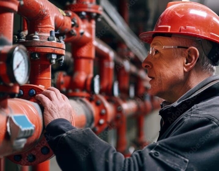 Image of a fire sprinkler technician checking a fire system.