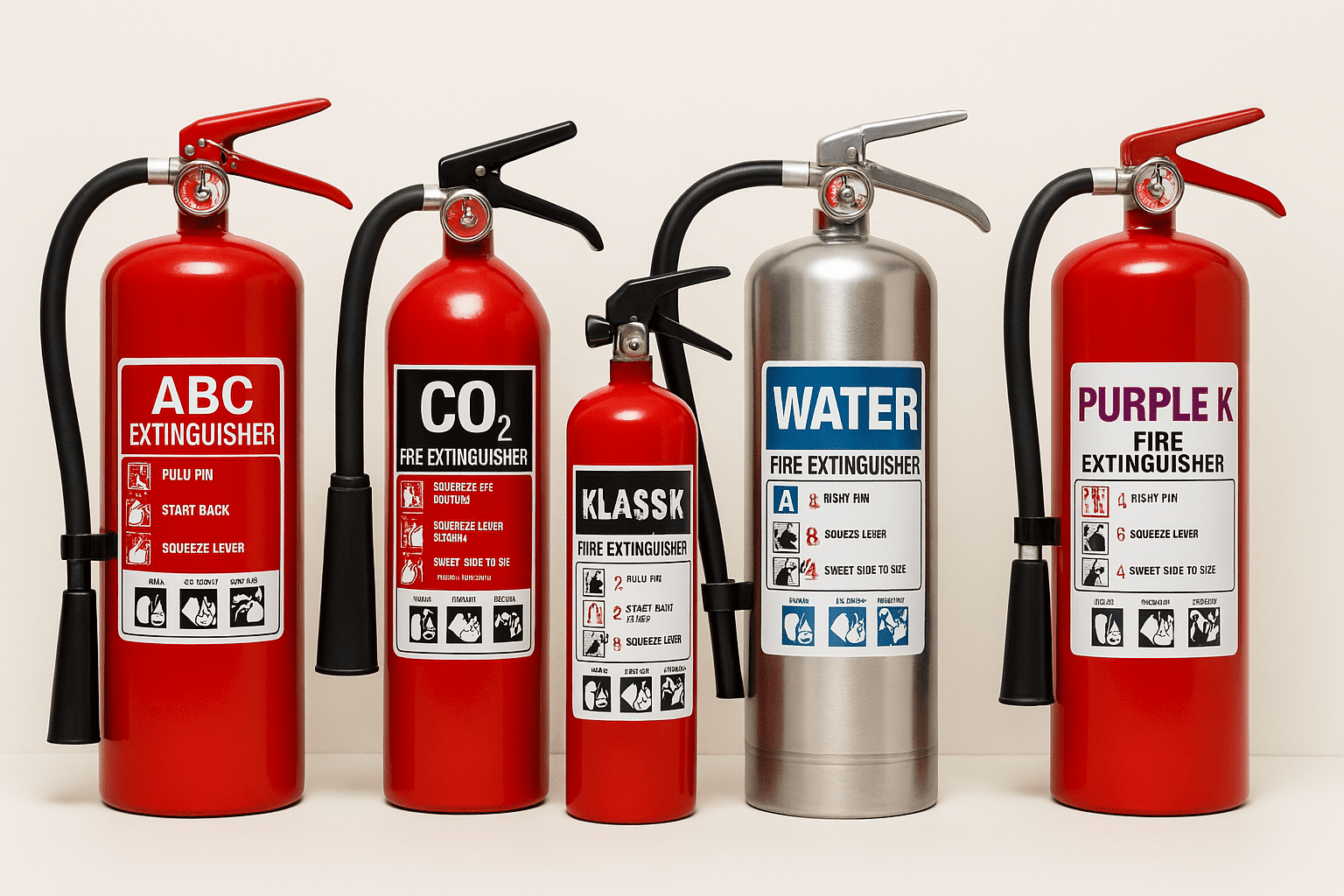 Image displaying five types of fire extinguishers—ABC, CO₂, Class K, Water, and Purple K—lined up against a neutral background with visible labels and usage icons.