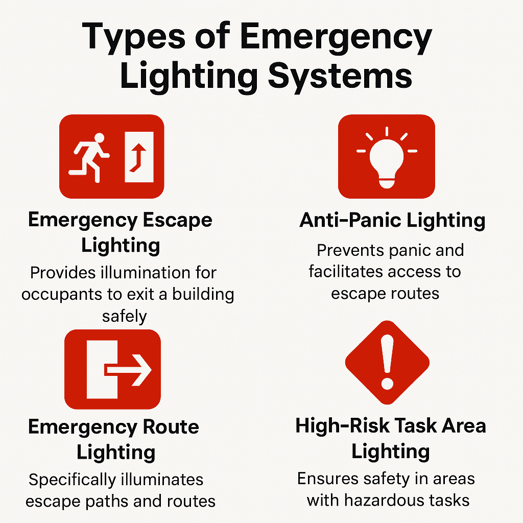 Infographic displaying four types of emergency lighting systems: Emergency Escape Lighting, Emergency Route Lighting, Anti-Panic Lighting, and High-Risk Task Area Lighting, each with a red icon and brief description.